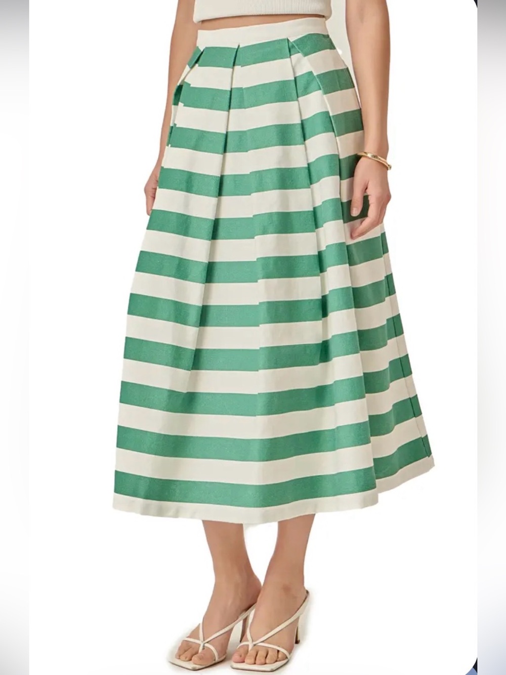 English Factory / Anthropologie Striped A-Line Midi Skirt in Green and Cream